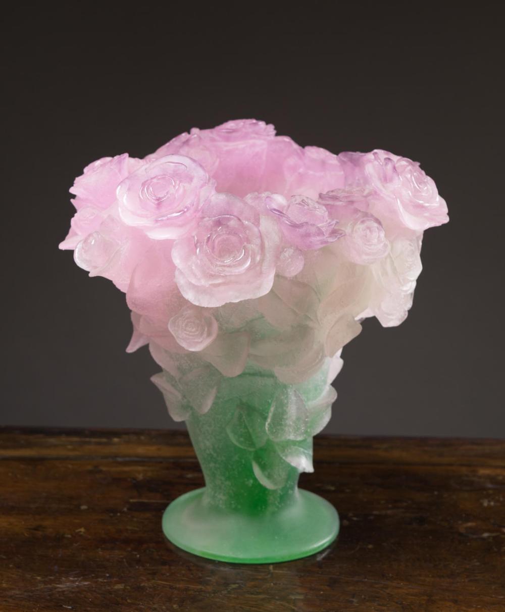 Appraisal: DAUM PATE DE VERRE GLASS ROSES VASE French c s