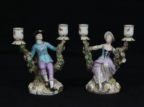 Appraisal: A pair of Meissen two-branch figural candelabra model number cm