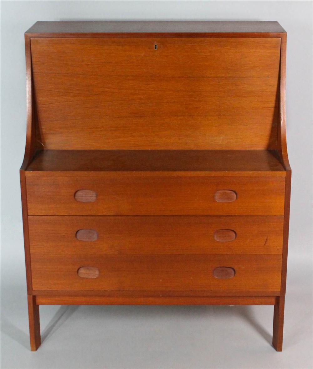 Appraisal: DANISH MODERN TEAK DROPFRONT DESK writing surface framed by swooping