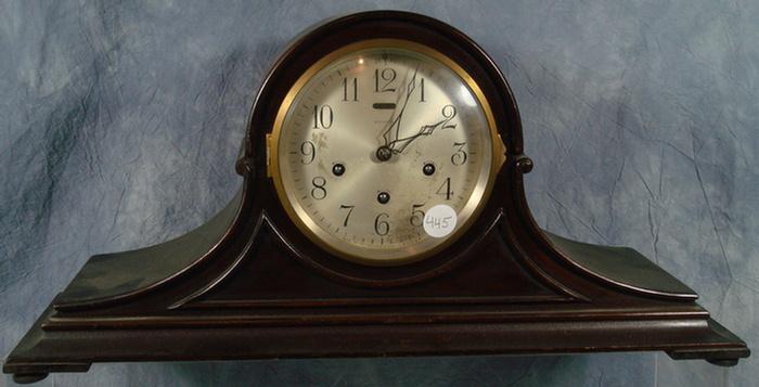 Appraisal: Ansonia Westminster chime Sonia II mahogany tambour clock runs pendulum