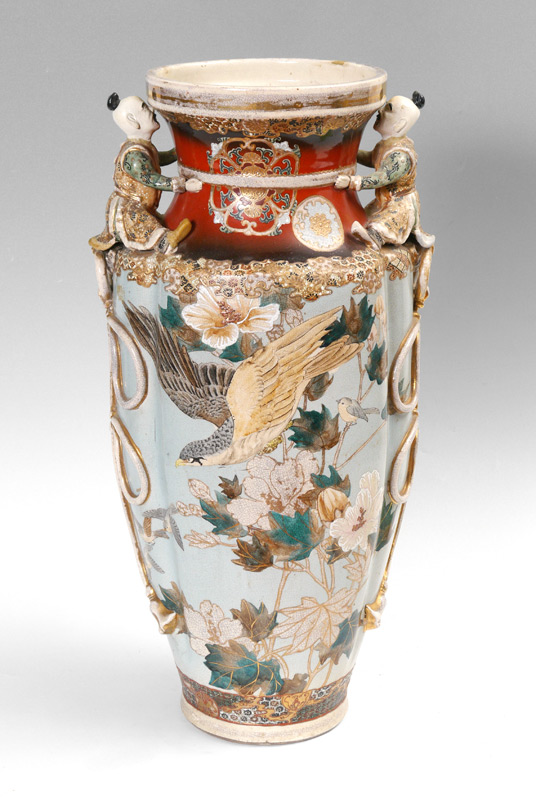 Appraisal: EXHIBITED FIGURAL HANDLE SATSUMA VASE Baluster form with figural seated