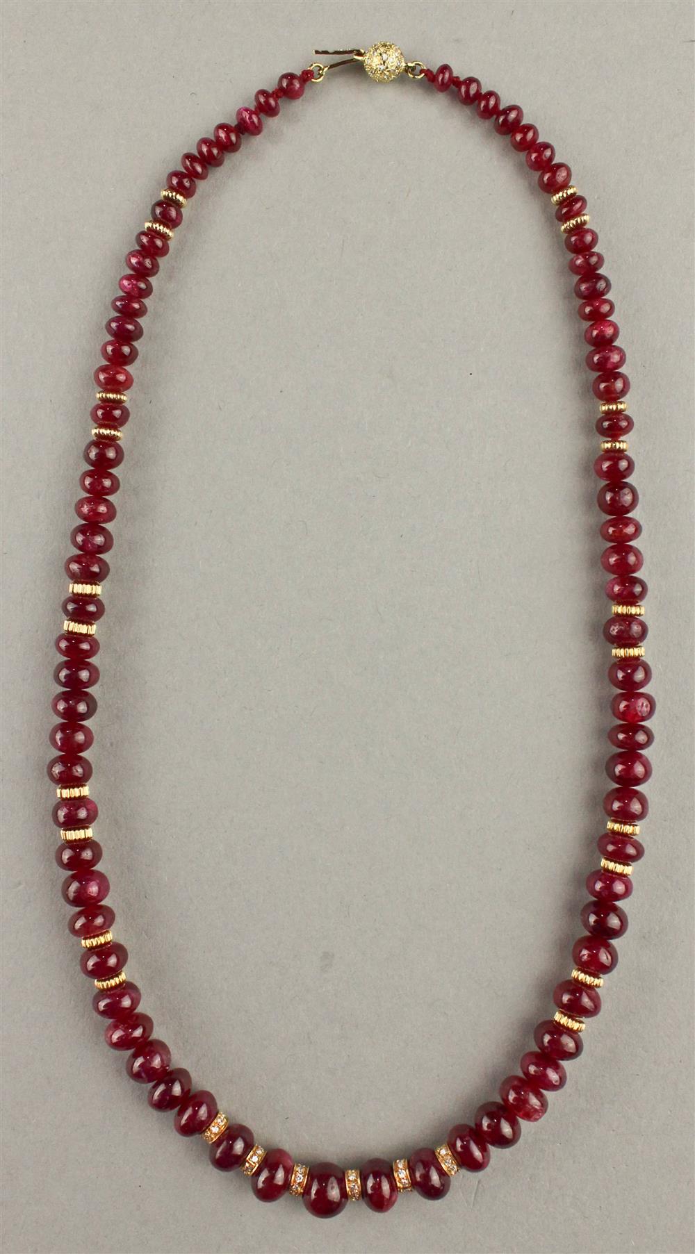 Appraisal: RUBY GRADUATED BEAD AND GOLD NECKLACE gold and diamond clasp