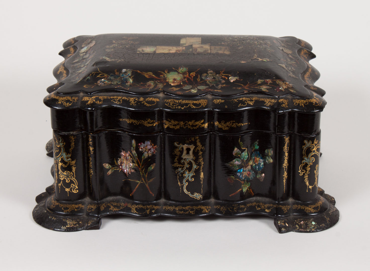 Appraisal: Victorian mother-of-pearl inlaid jewelry box mid- th century shaped black