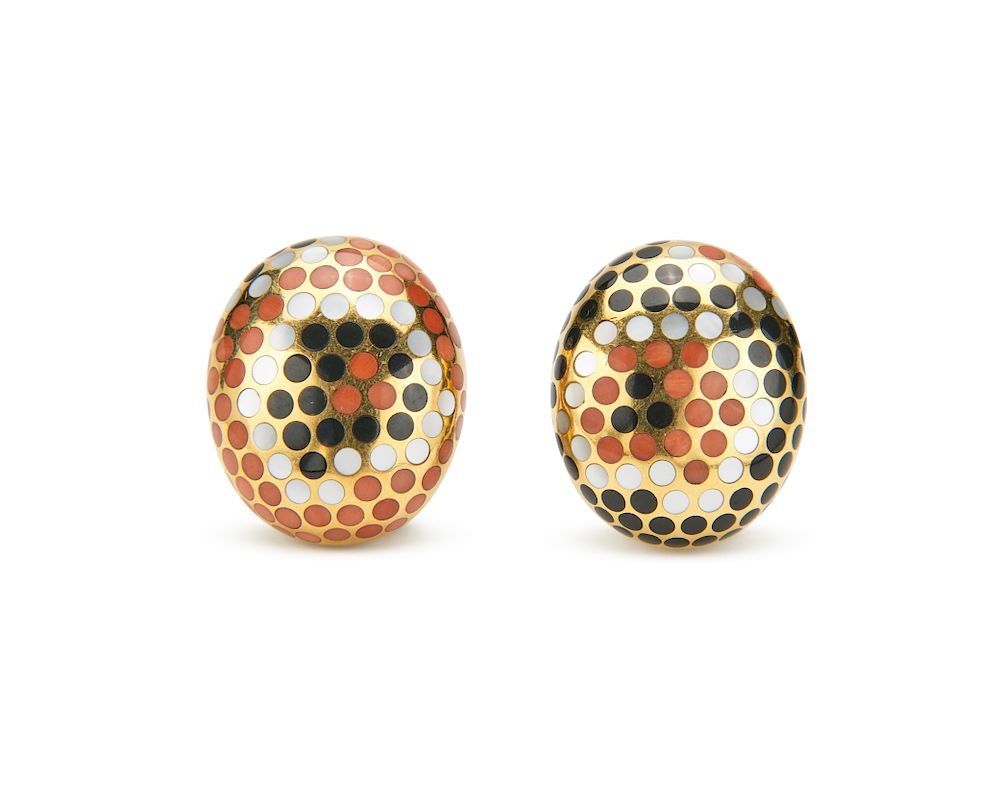 Appraisal: ANGELA CUMMINGS K Gold Coral Black Jade and Mother-of-Pearl Polka