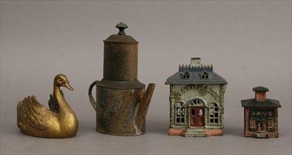 Appraisal: Two Painted Cast-Iron Still Banks Together with a gilt-metal swan