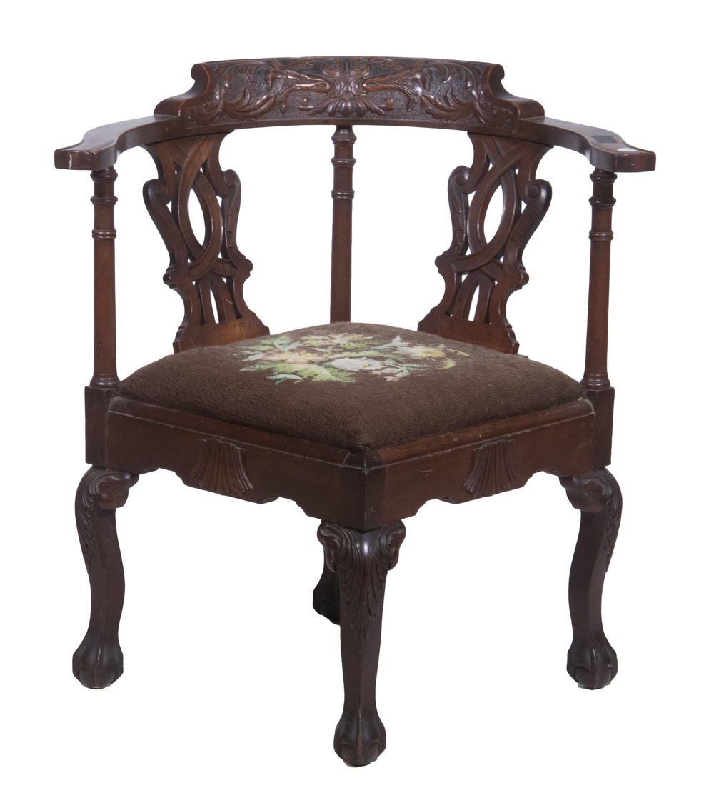 Appraisal: VICTORIAN CORNER CHAIR th c Mahogany Corner Chair with carved