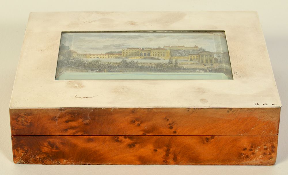 Appraisal: Sterling Cedar Box with Miniature Scene on Lid Sterling cedar