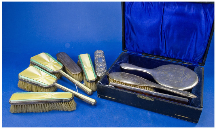 Appraisal: Art Deco Four Piece Silver Enamelled Brush Set Yellow Coloured