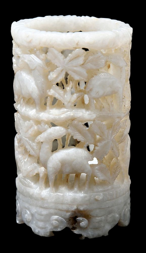 Appraisal: Carved and Pierced Chinese Jade Vase mutton fat color reticulated