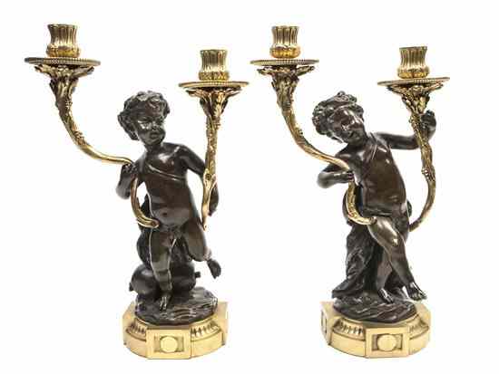 Appraisal: A Pair of Continental Bronze Candelabra having cherub standards with