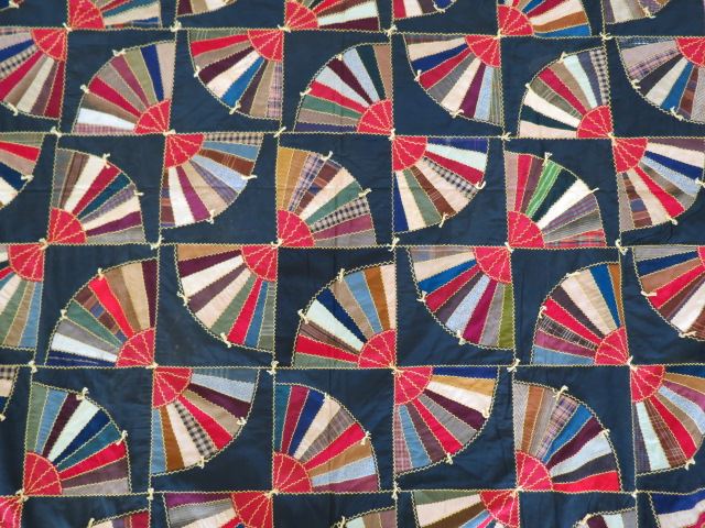 Appraisal: Antique Handmade Quilt fan design on black fancy stitches X