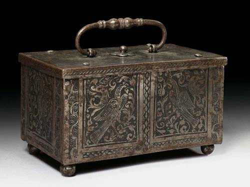 Appraisal: SMALL IRON CASKET Renaissance probably Nuremberg th century Etched and