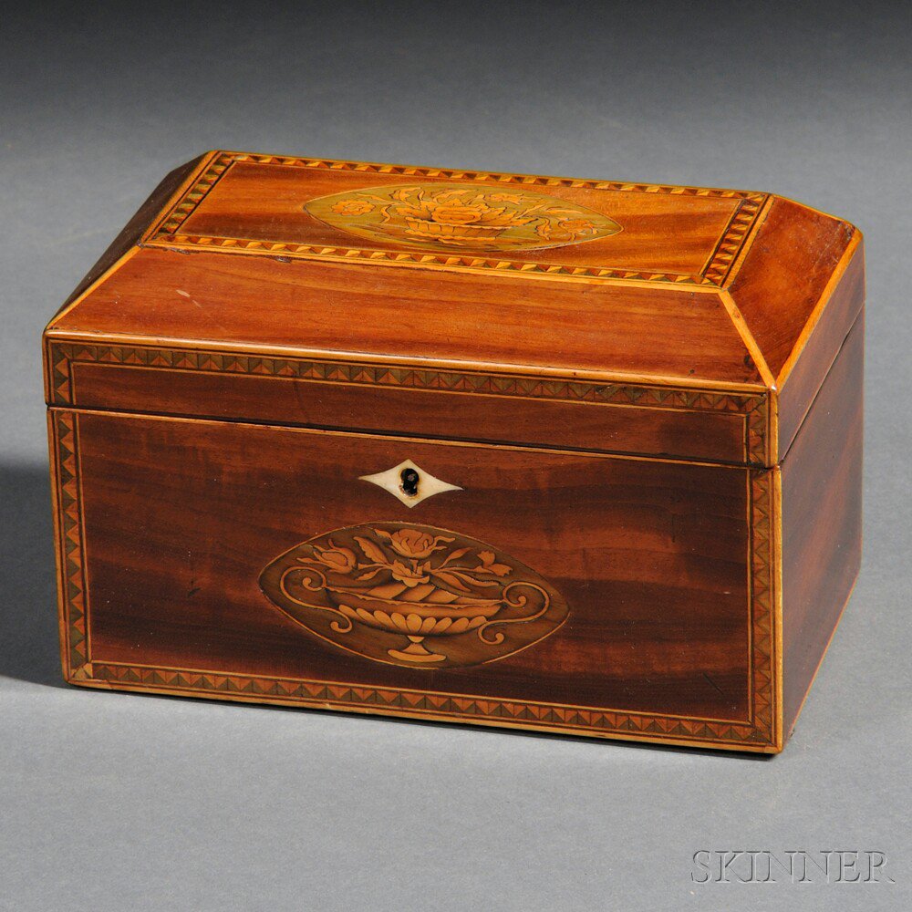 Appraisal: Mahogany Veneer Inlaid Tea Caddy England early th century rectangular