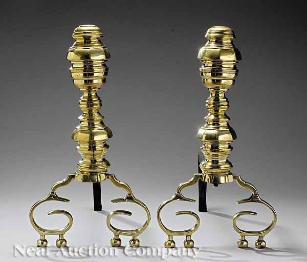 Appraisal: A Pair of American Late Classical Brass Andirons mid- th