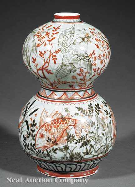 Appraisal: A Japanese Polychrome Painted Celadon Glazed Double Gourd Vase the