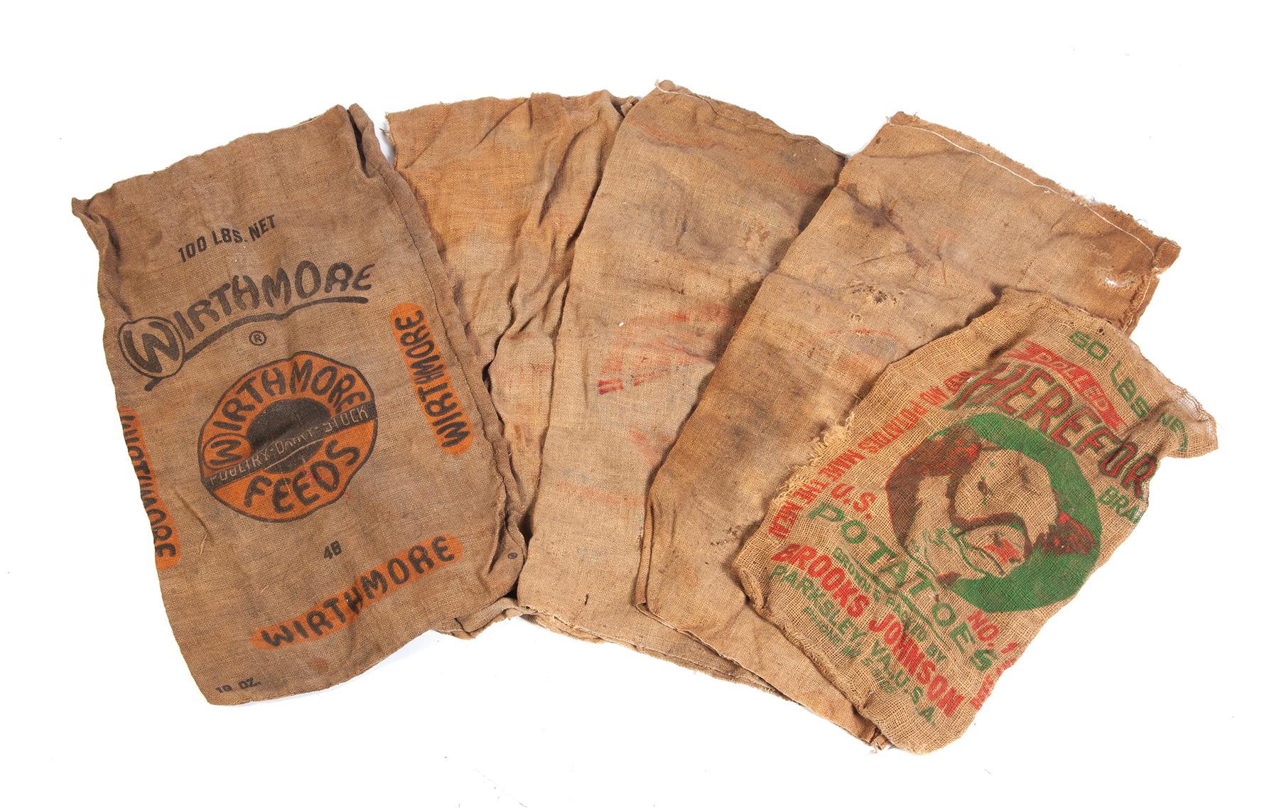 Appraisal: FIVE BURLAP ADVERTISING SACKS American th century One lb net