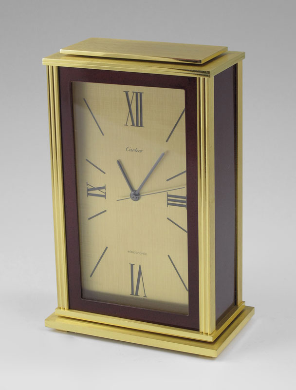 Appraisal: CARTIER DESK CLOCK IN PRESENTATION BOX Brass case with inset