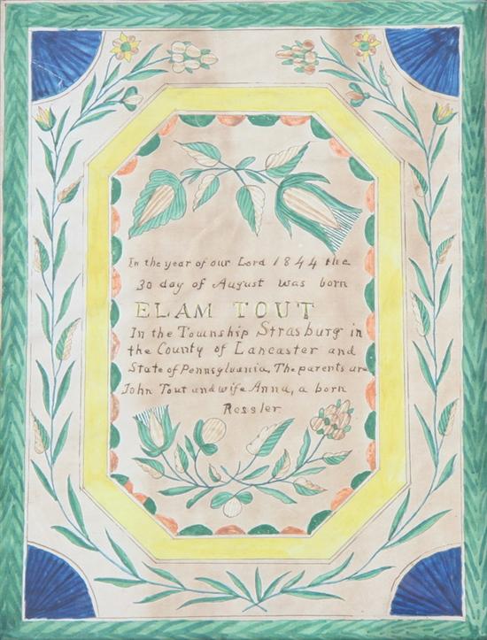 Appraisal: PENNSYLVANIA GERMAN FRAKTUR BIRTH CERTIFICATE For Elam Tout Strasburg Lancaster