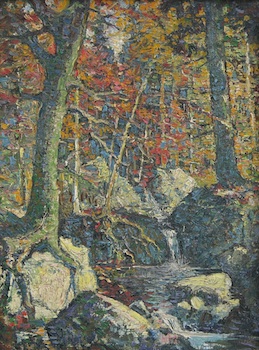 Appraisal: Unknown Artist Early th Century Autumn Waterfall Oil on canvasboard