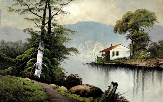 Appraisal: Continental school th century COTTAGE ALONG LAKESHORE oil on board