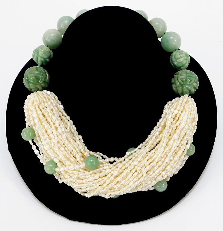 Appraisal: Chinese Qing Jadeite and Seed Pearl Necklace China Qing Dynasty