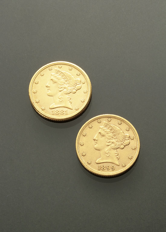 Appraisal: Two U S Half-Eagle Five-Dollar Gold Coins Dated and