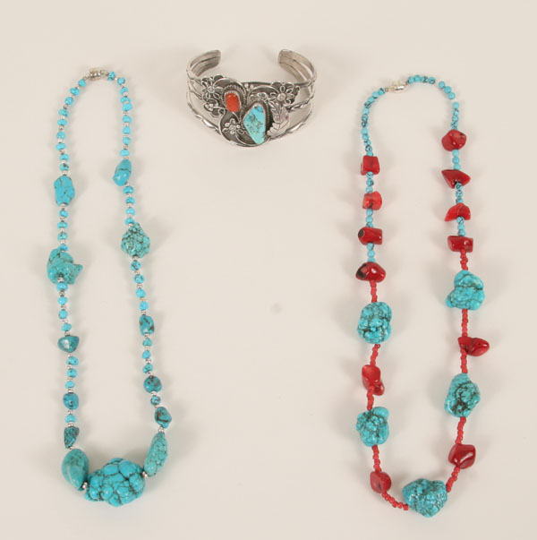 Appraisal: Native American turquoise and coral silver cuff with feather floral