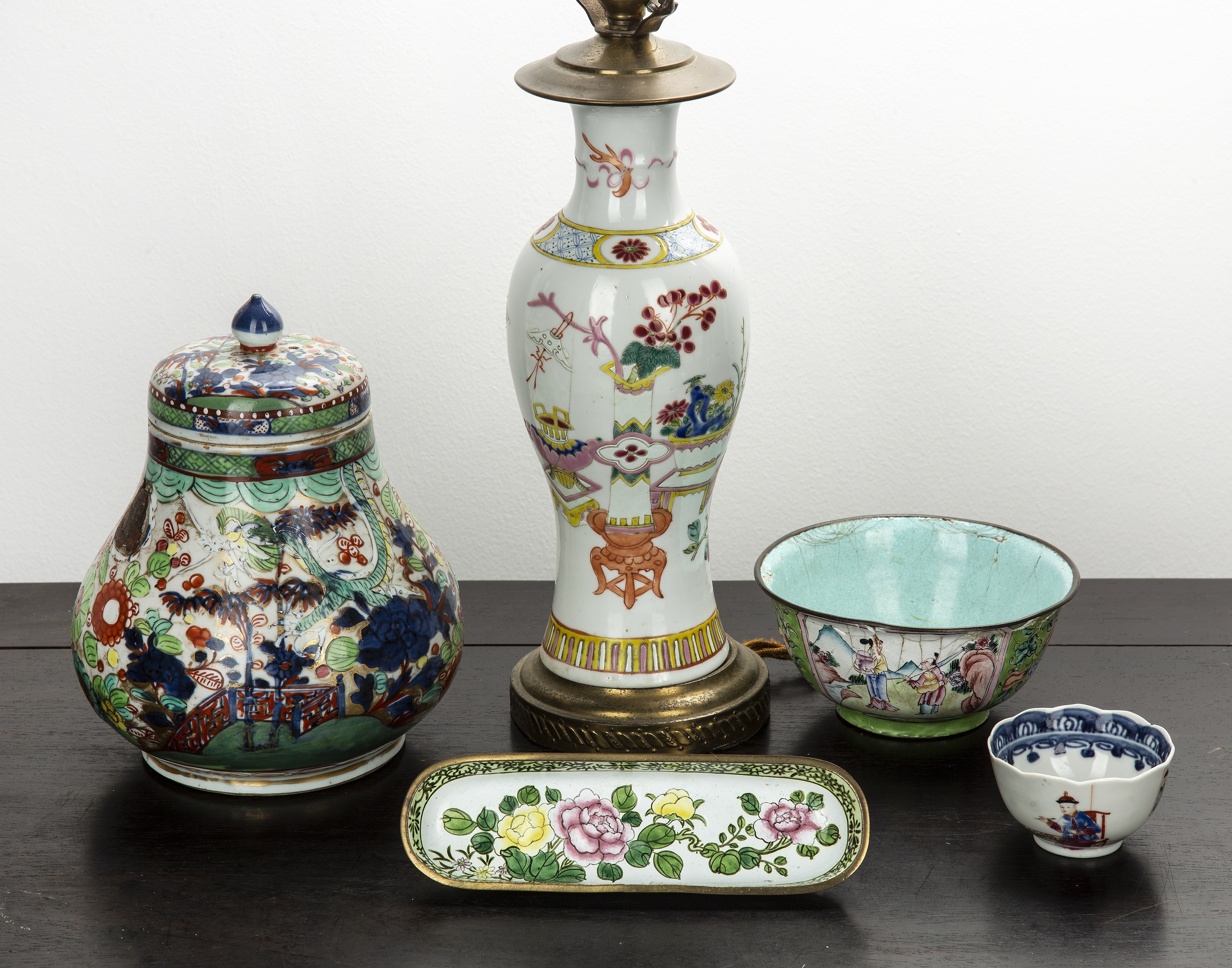 Appraisal: Group of piecesChinese including a clobbered vase and cover cm