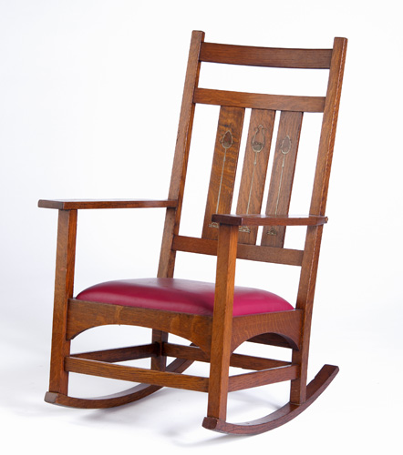 Appraisal: GUSTAV STICKLEY Harvey Ellis-designed tall-back rocker with a drop-in seat