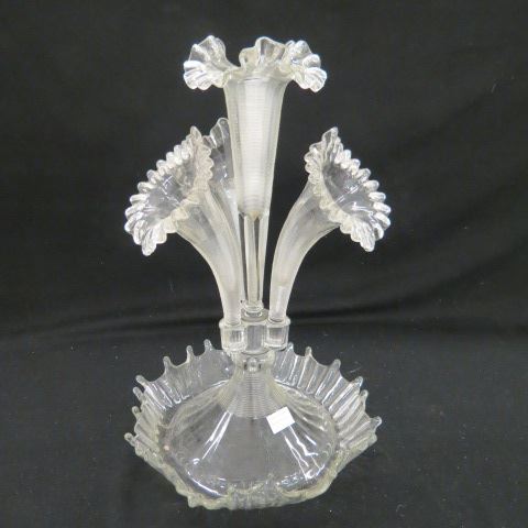 Appraisal: Victorian Glass Epergne triple lily treaded ruffle design excellent