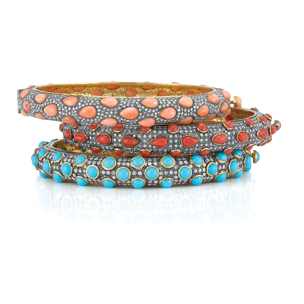 Appraisal: Three Gold Sterling Silver Diamond Turquoise and Coral Bangle Bracelets