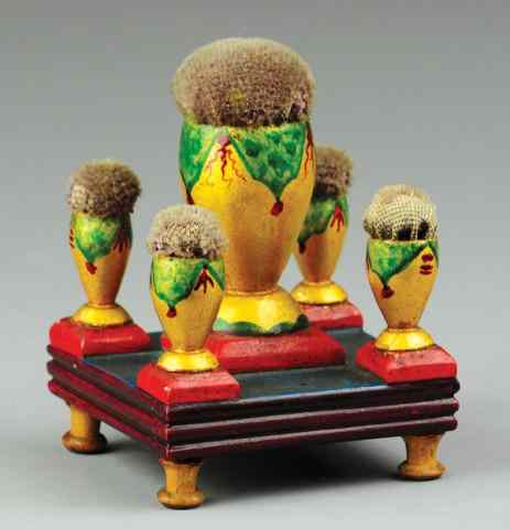 Appraisal: ORNATE PAINTED PIN CUSHION C shelf pin cushion with five