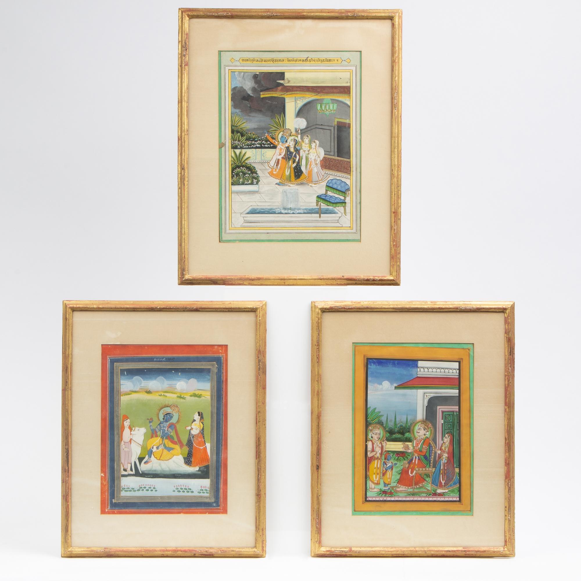 Appraisal: THREE GOUACHE KRISHNA PAINTINGS Three gouache paintings on paper of