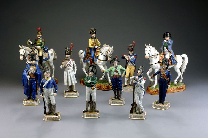 Appraisal: SET OF EIGHT CAPO-DI-MONTE PORCELAIN MILITARY FIGURES AND THREE EQUESTRIAN