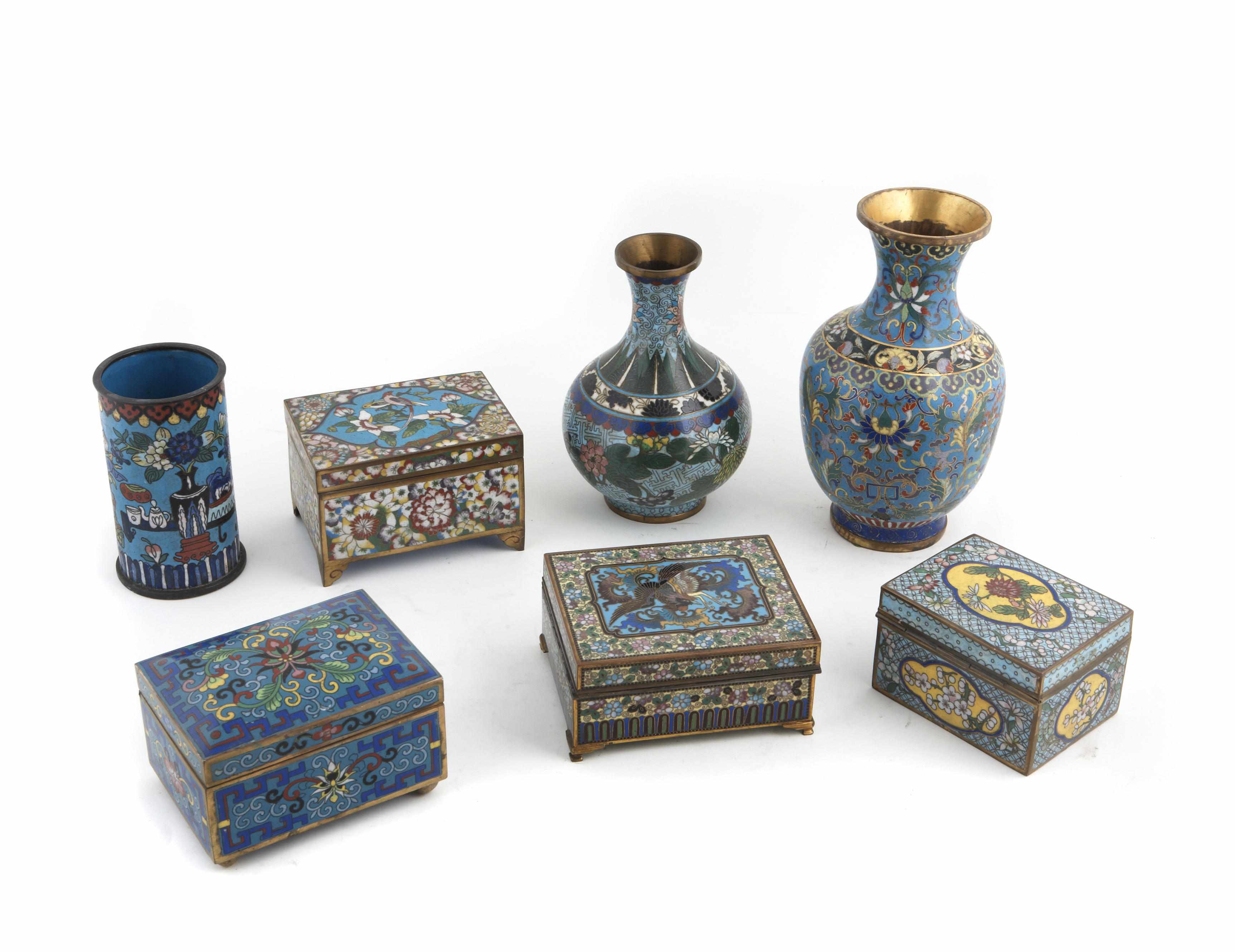 Appraisal: A group of seven Chinese cloissone enamel objects th centuryheight