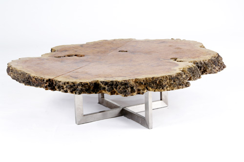 Appraisal: STUDIO Coffee table with free-form burlwood top on aluminum X