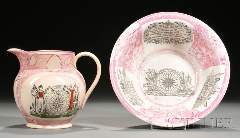 Appraisal: Sunderland Pink Luster Transfer-decorated Pottery Pitcher and Basin England th