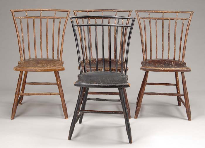 Appraisal: GOOD SET OF FOUR EARLY NEW ENGLAND BIRDCAGE WINDSOR SIDE