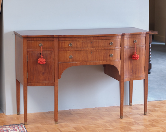 Appraisal: Hepplewhite-style Fruitwood Sideboard drawers flanked by one drawer over one