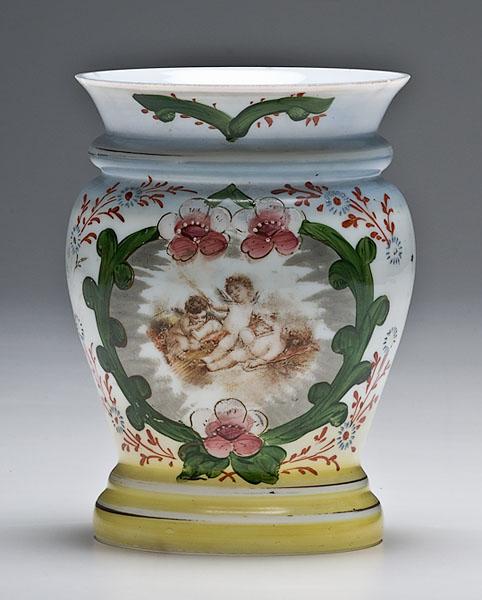 Appraisal: PAINTED MILK GLASS JAR with angelic scene and floral border