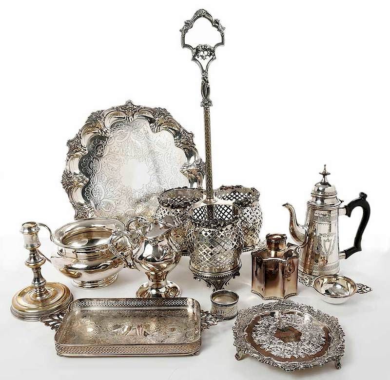 Appraisal: Pieces Silver-Plate Table Items including trays candlestick tea caddy creamer