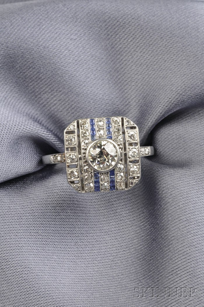 Appraisal: Art Deco Platinum Sapphire and Diamond Ring France set with