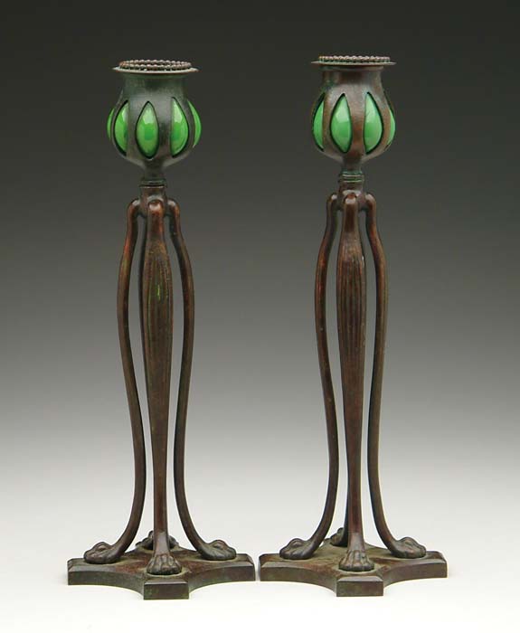 Appraisal: PAIR OF TIFFANY STUDIOS CANDLESTICKS Wonderful pair of bronze candlesticks