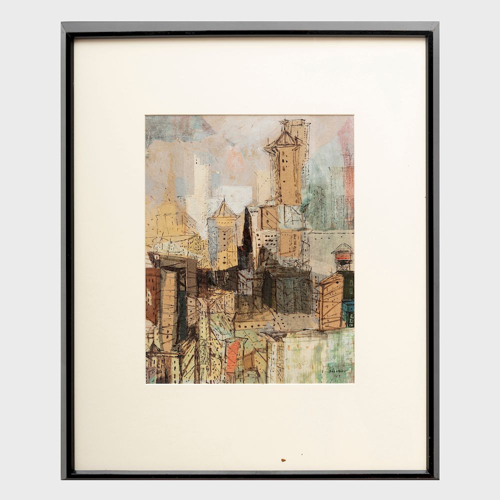 Appraisal: th Century School Cityscape Mixed media on canvasboard signed 'Fischer'