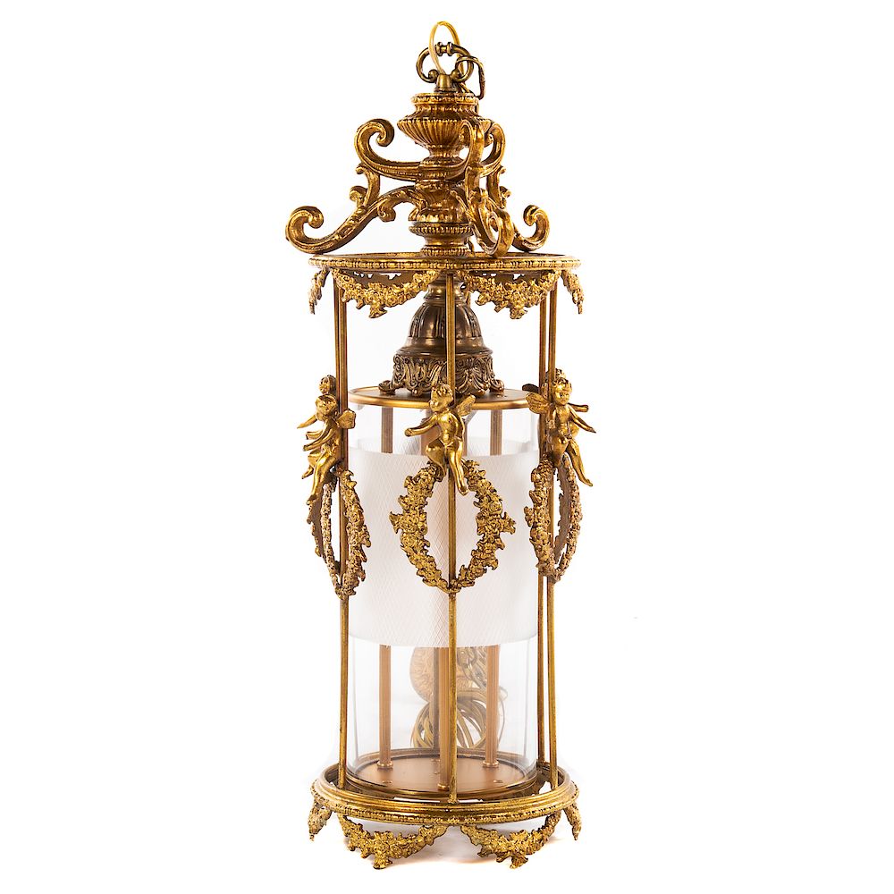 Appraisal: Rococo Style Gilt Metal Hanging Light Fixture cylindrical fixture with