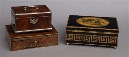 Appraisal: TWO ENGLISH BRASS-MOUNTED MAHOGANY BOXES AND A PAINTED BOX The