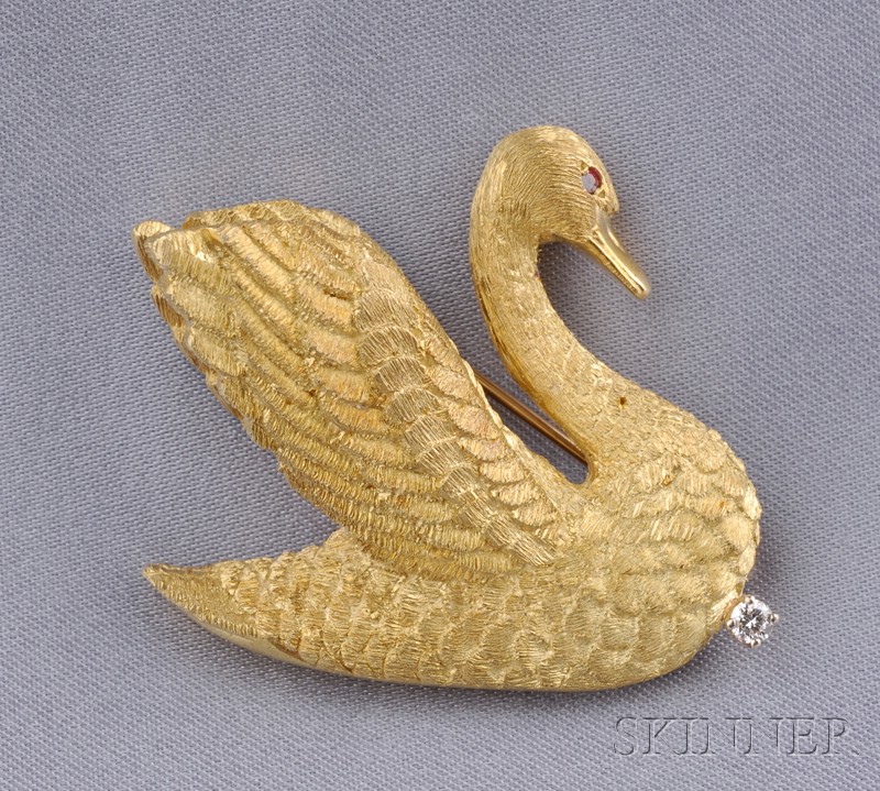 Appraisal: kt Gold Swan Brooch with ruby melee eye and diamond