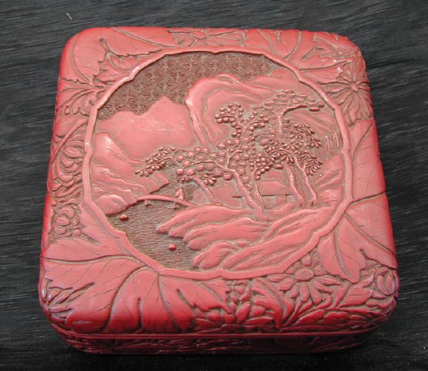 Appraisal: Kuang Hsu Dark Carved Cinnabar Square Box first quarter th