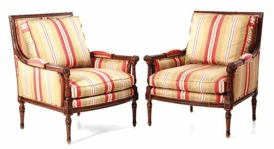 Appraisal: Pair Louis XVI style carved mahogany fauteuil rectangular carved crestrail