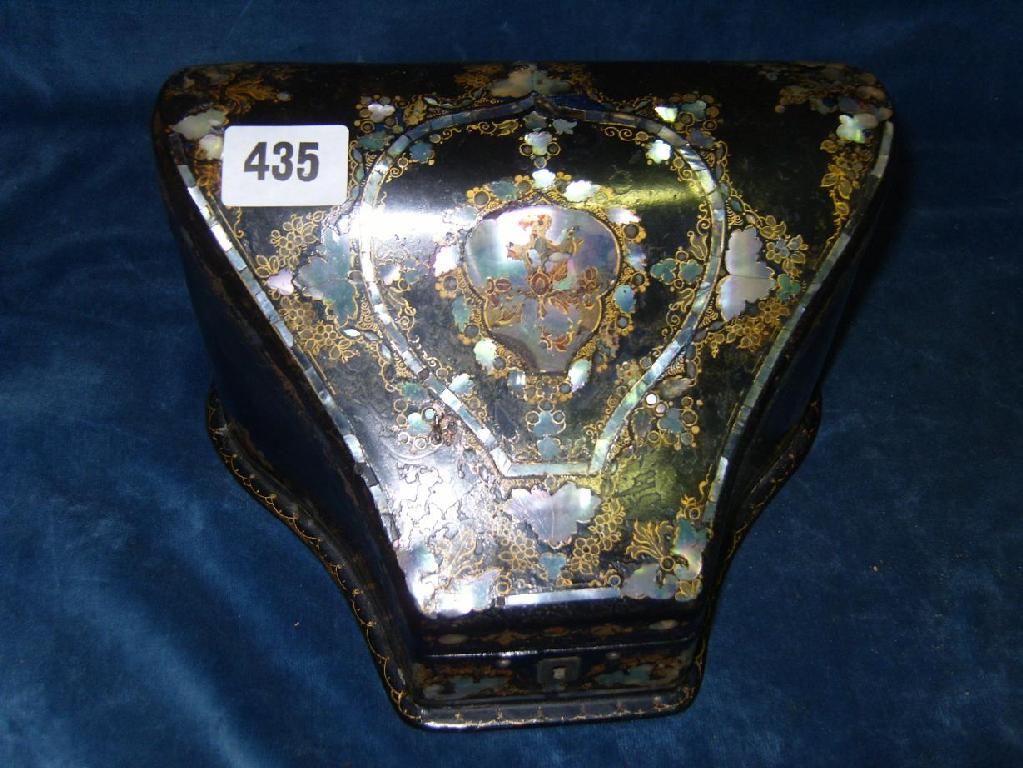 Appraisal: A th century black ground papier-mache box of wedge shaped